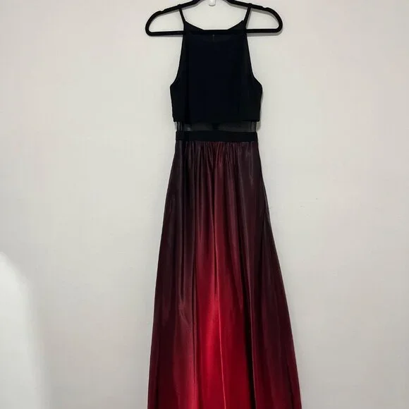 Two-Tone Black & Red Sleeveless Maxi Gown With Sheer Mesh Waist Detail And Gradi - Picture 4 of 15